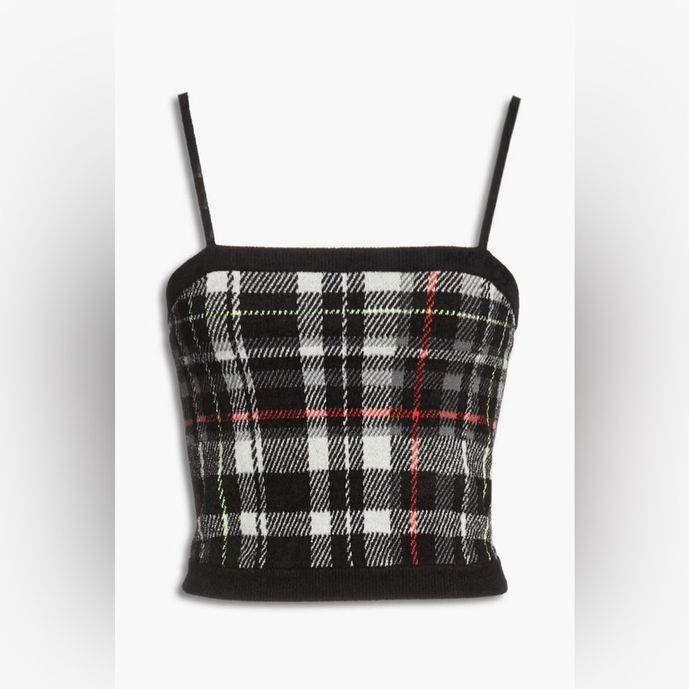 Alice + Olivia Black White Plaid Knit Tank with Red and Green Accents